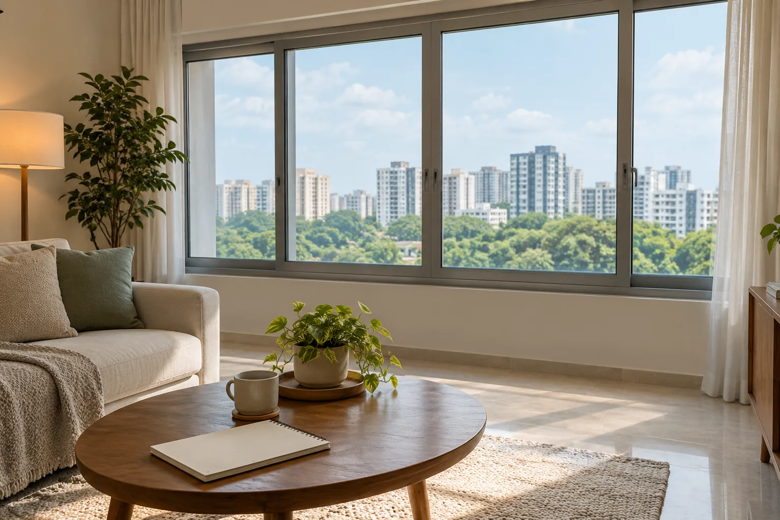 Closed apartment windows viewed safely from indoors, with a notebook on a low table.
