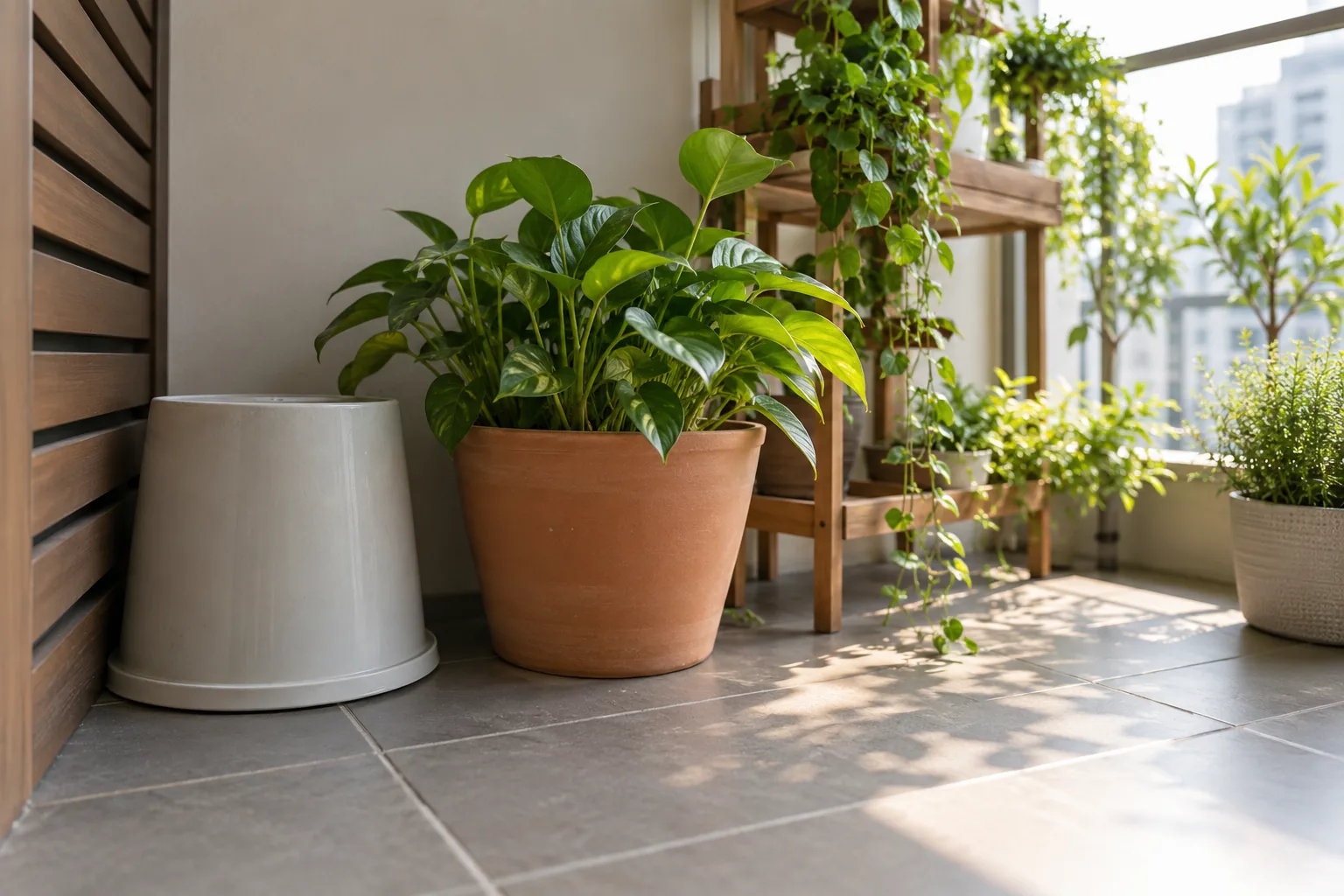 A fictional apartment plant corner with an inverted empty bucket and no standing water.