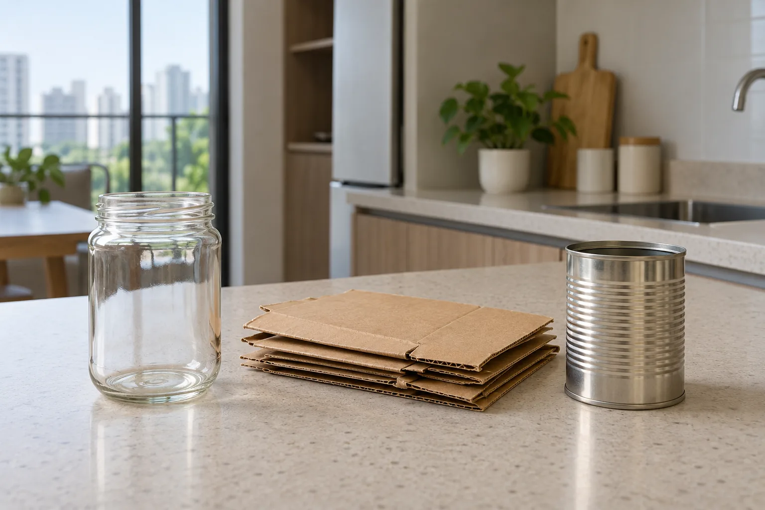 Clean empty glass, flattened cardboard and an unbranded metal can on a kitchen counter.