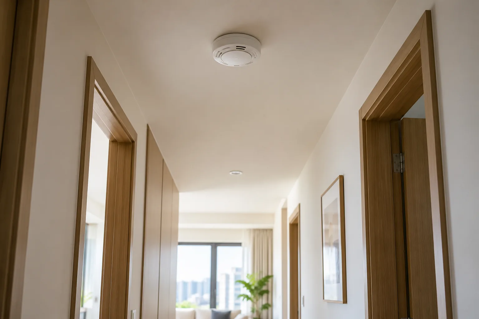 An unbranded ceiling smoke alarm in a fictional apartment hallway, viewed from floor level.