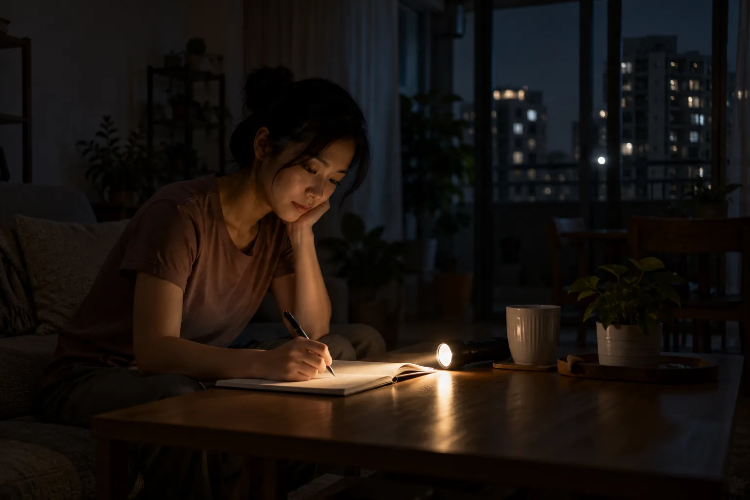 A battery torch illuminating a notebook in a fictional dim apartment, without candles.