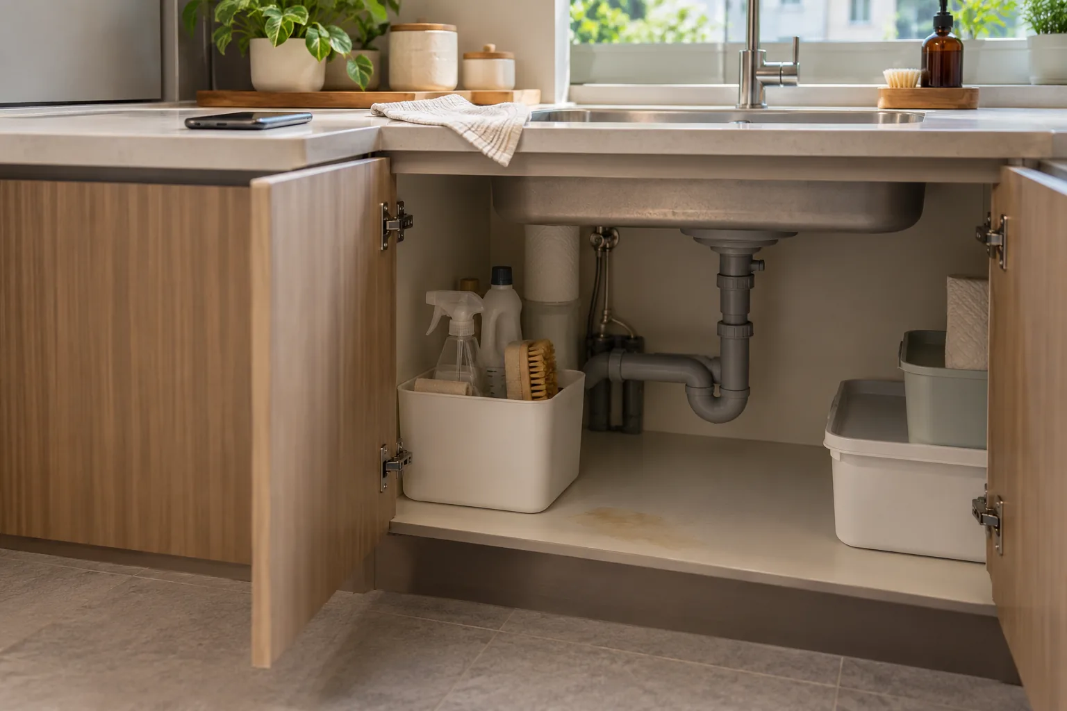 A fictional kitchen cupboard with a small stain and a phone nearby, without a repair demonstration.