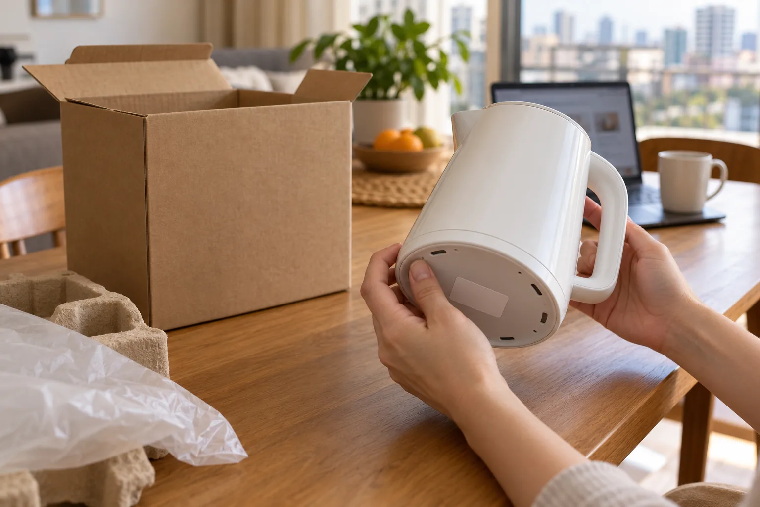 Adult hands examining an unbranded unplugged kettle beside its delivery box in a fictional apartment.