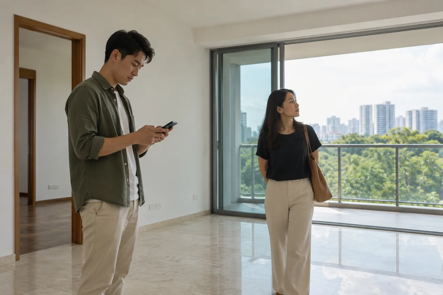 Two fictional adults at an apartment viewing, with no readable agent card or payment.