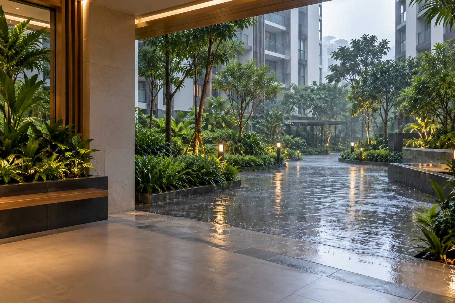 A dry raised covered entrance looking toward rain and puddles, with nobody entering the water.