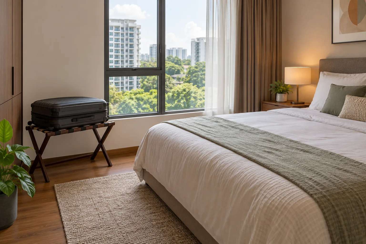 A closed suitcase on a hard luggage stand away from a bed in a fictional room.