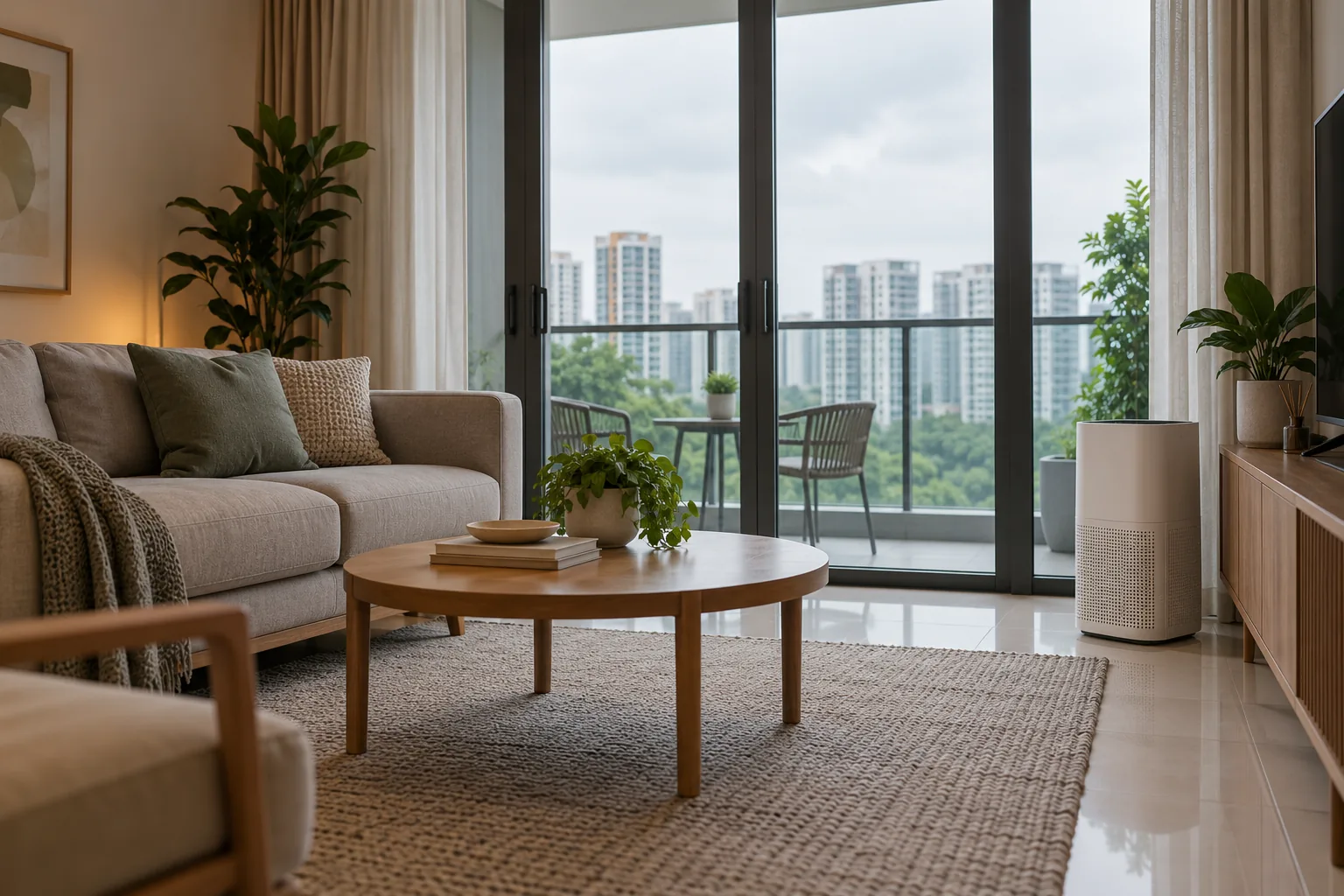 A fictional apartment with closed balcony doors and an unbranded unobstructed air cleaner.