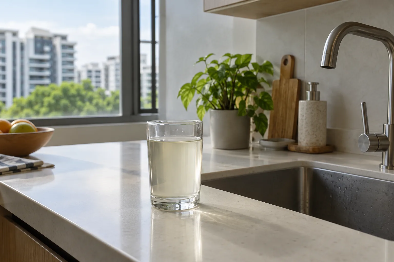 Pale discoloured water in a glass beside a fictional kitchen sink, with nobody drinking.