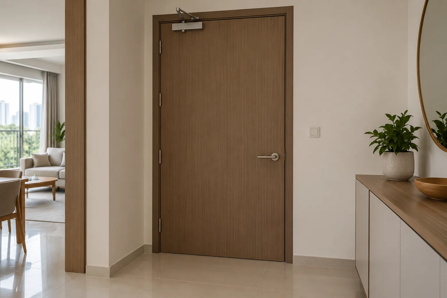A closed fictional apartment entrance door with a closer, without any certification label.