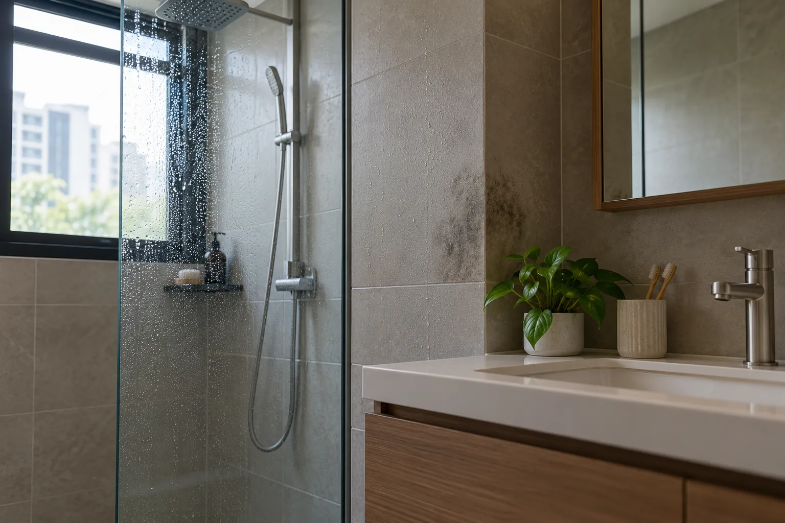 A small faint damp patch on a fictional bathroom wall, without identifying a mould species.